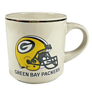 Green Bay Packers Vtg Coffee Mug Cup Cream w/ Helmet Logo Graphic, Gold Rim